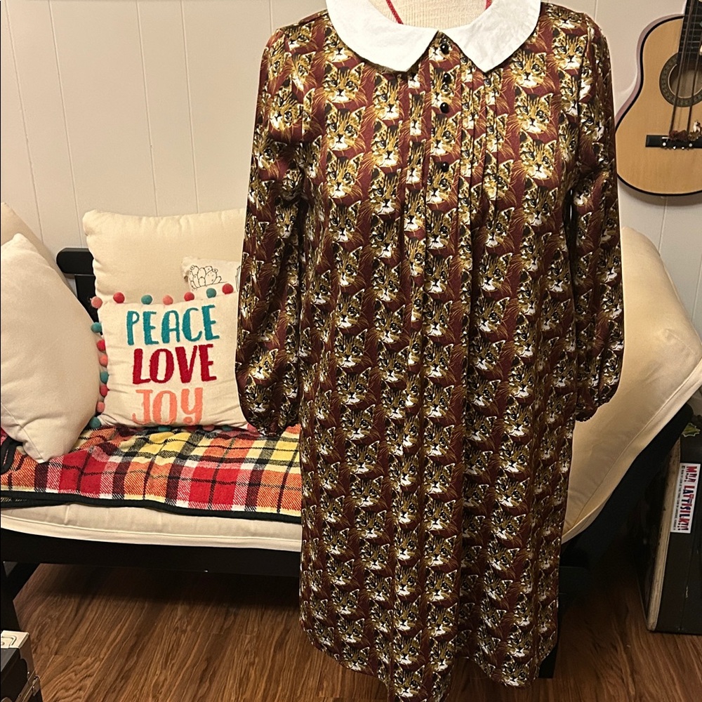 Brown Cat Mini Dress with White Peter Pan Collar